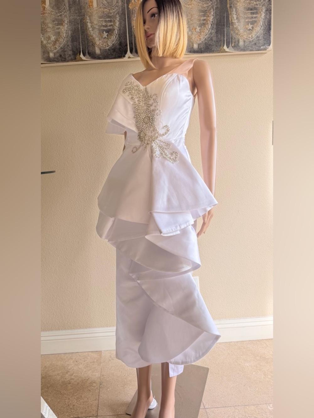 White Embellished Tiered Ruffle Evening Dress